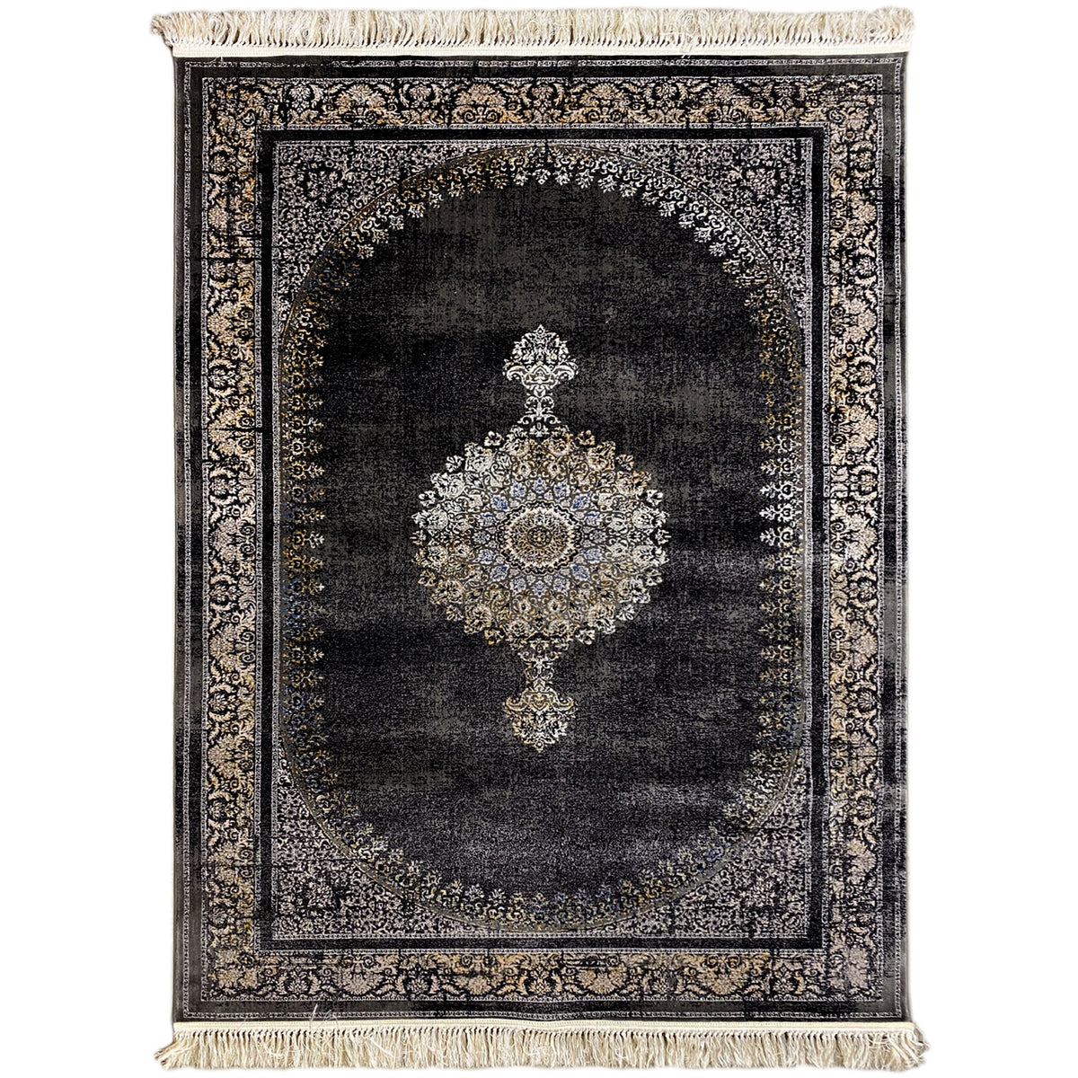 Medal rug with a dark background, oriental pattern, and fringes along the edge, square