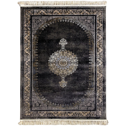 Medal rug with a dark background, oriental pattern, and fringes along the edge, square