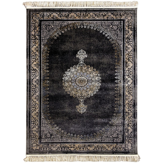Medal rug with a dark background, oriental pattern, and fringes along the edge, square