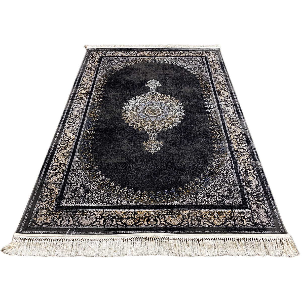 Medallion rug with a dark background, a central medallion cross, and an ornamental border