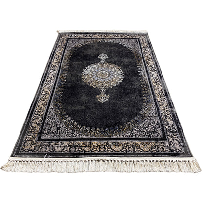 Medallion rug with a dark background, a central medallion cross, and an ornamental border