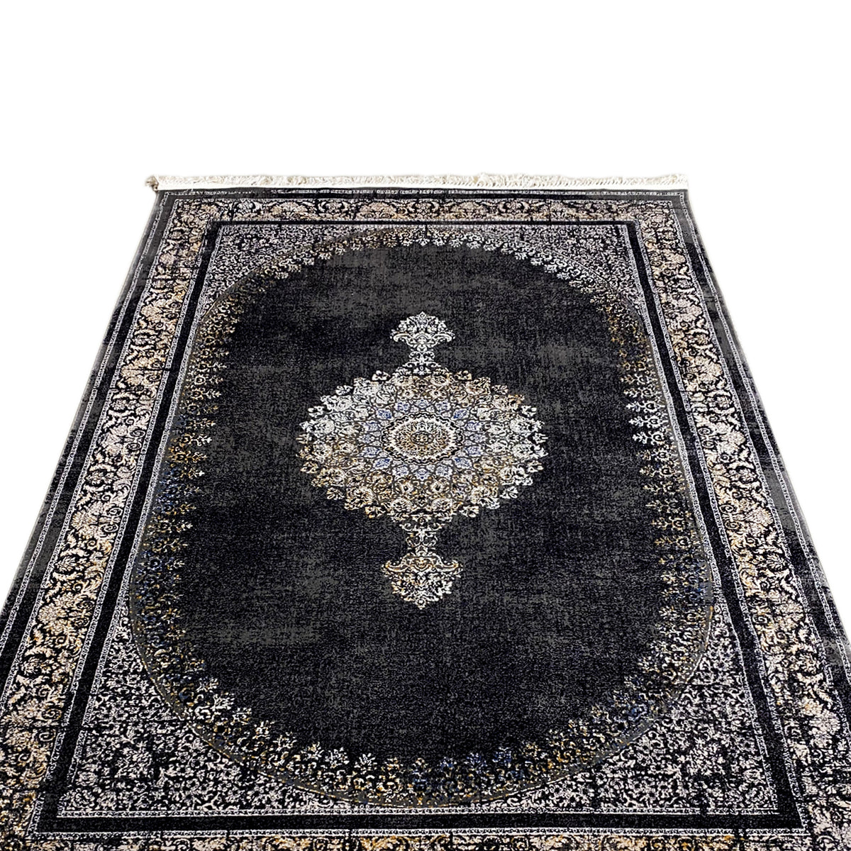 Close-up of the central pattern: dark medallion carpet with cross ornament and border