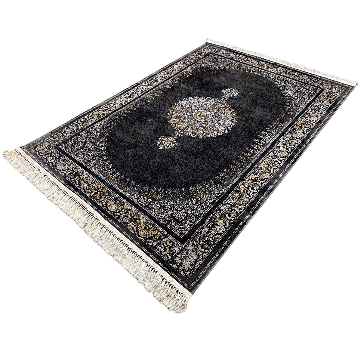 Medallion rug, photographed diagonally: dark pile with a central medallion and fringes