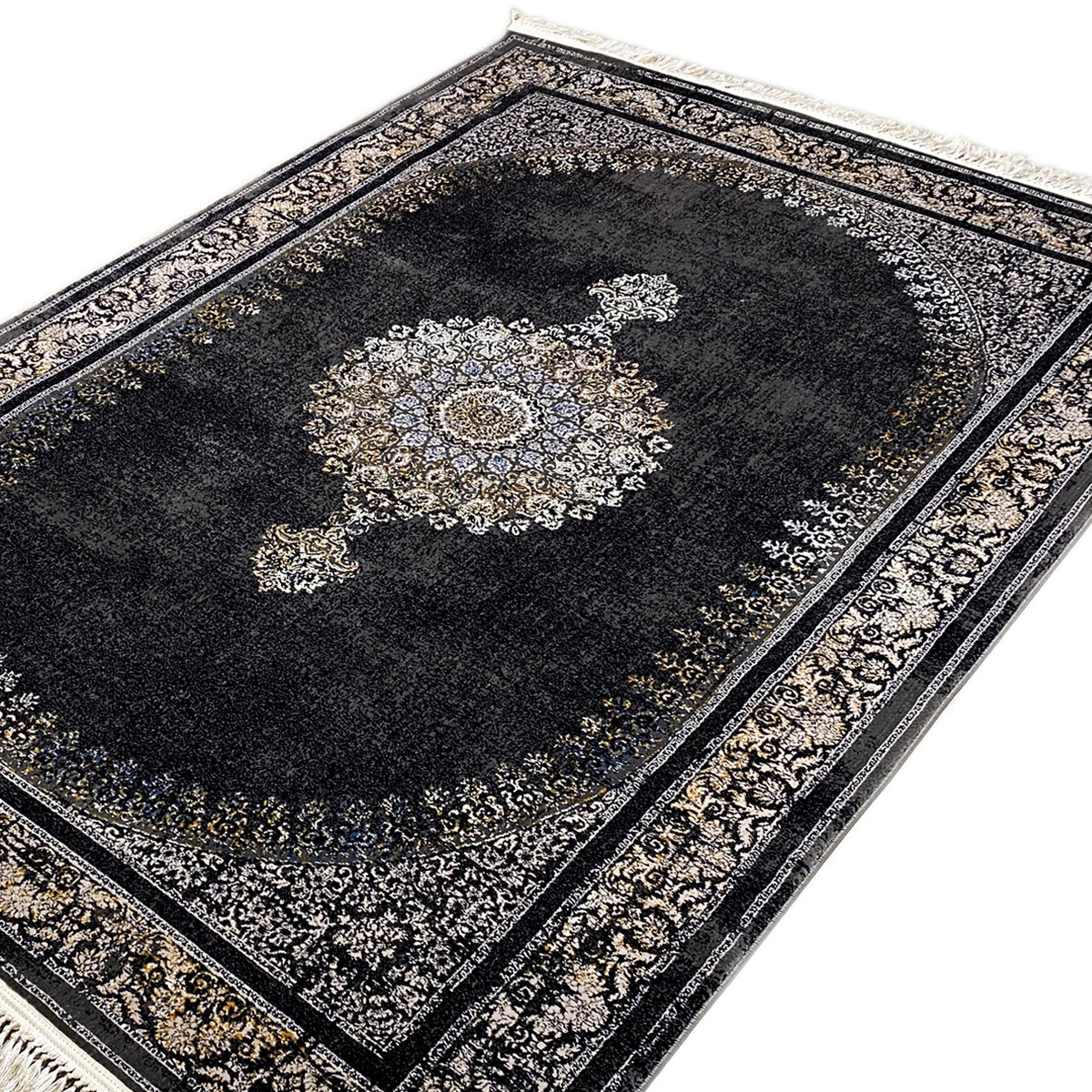 Medallion rug detail: dark patterned field with medallion, two-tone ornamental border