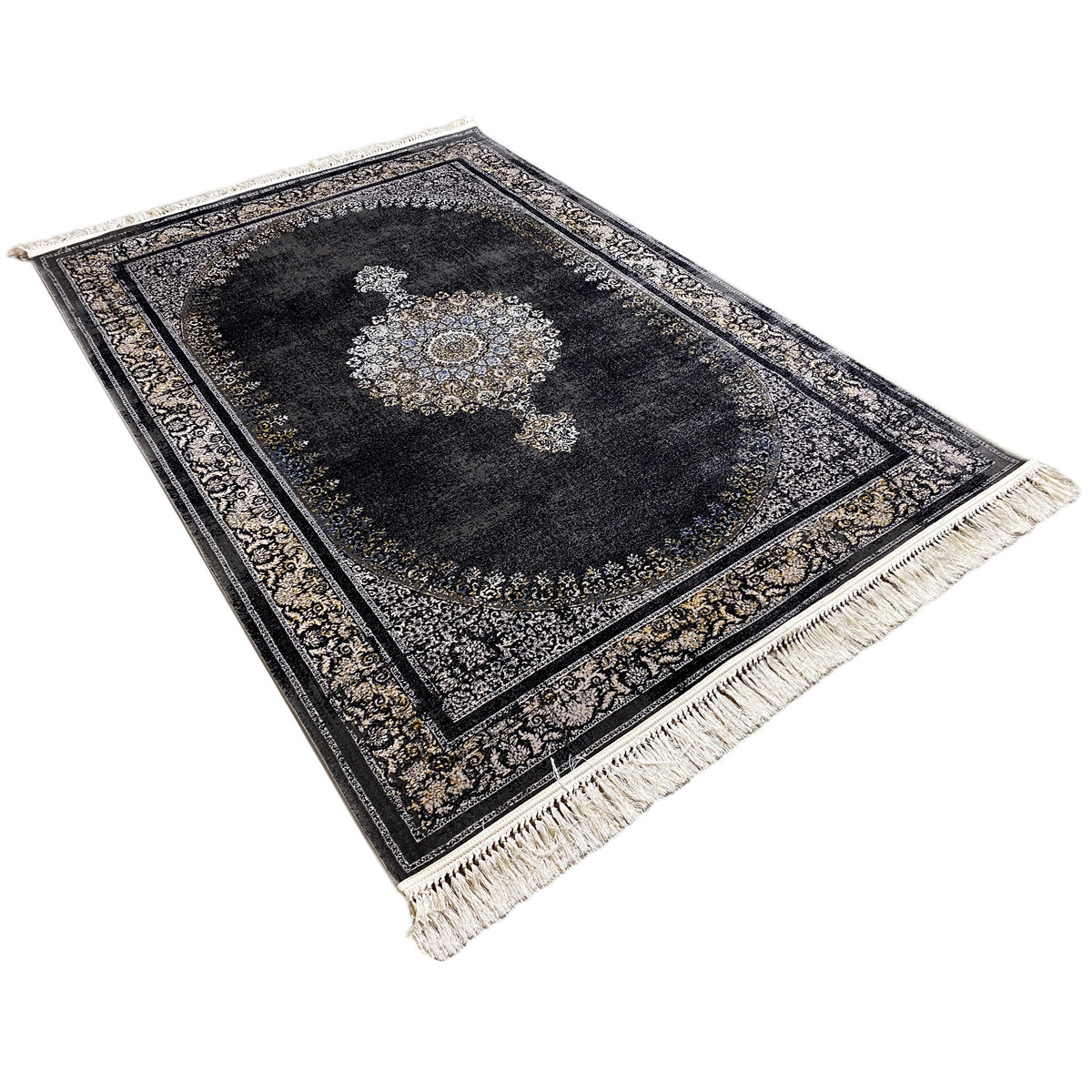 Medal rug laid at an angle: dark background, medallion design, fringes at the corners