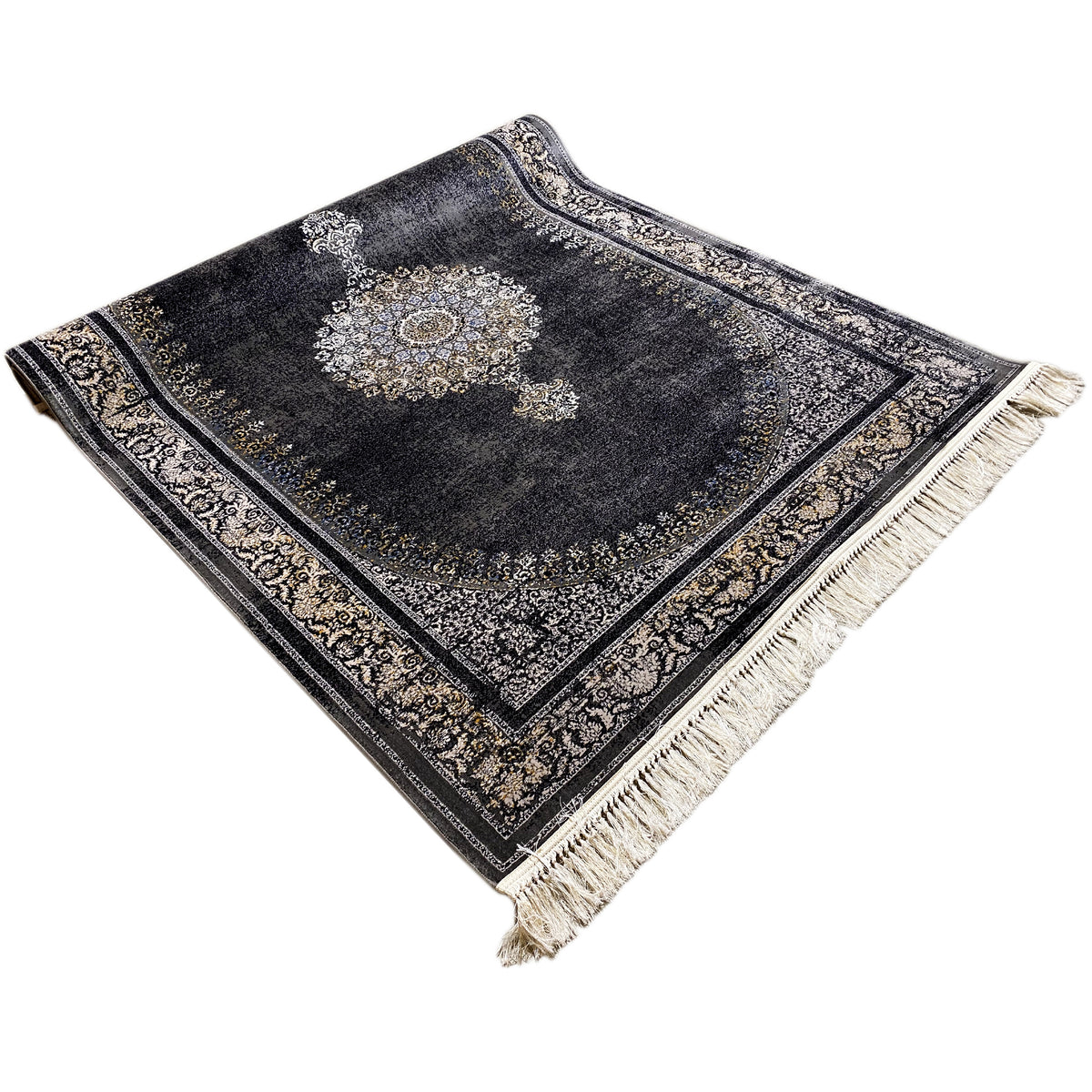 Medallion rug, slightly rotated: dark pile with a central medallion and fringes