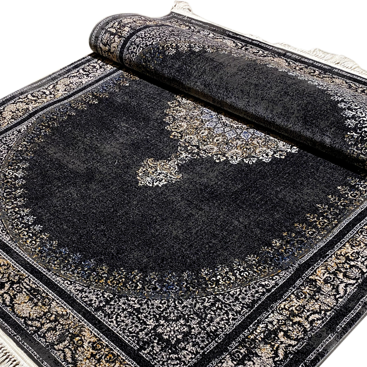 Dark gray medallion rug with an ornamental border and rolled edges