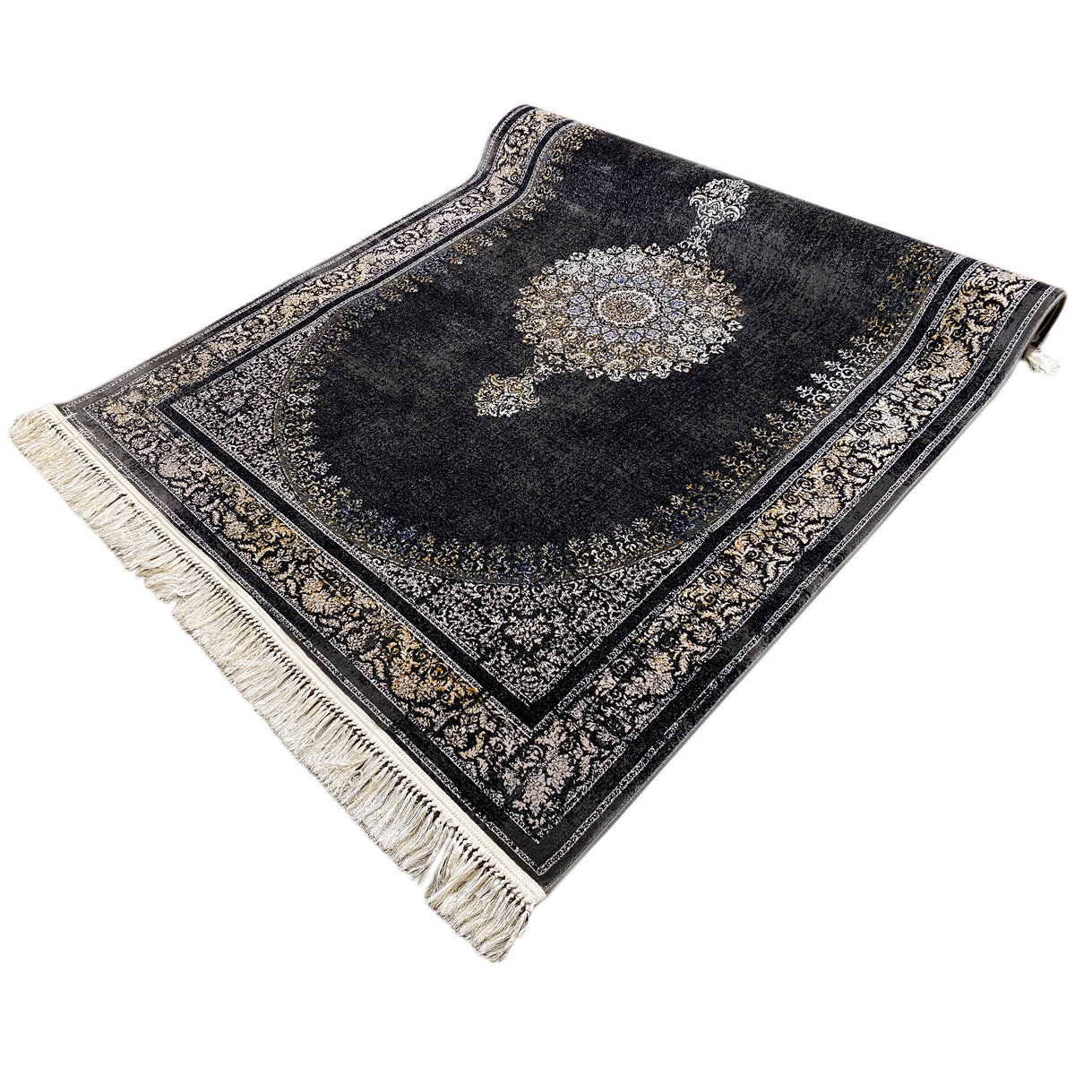 Rectangular dark gray medallion rug with a gold-colored ornament and fringes