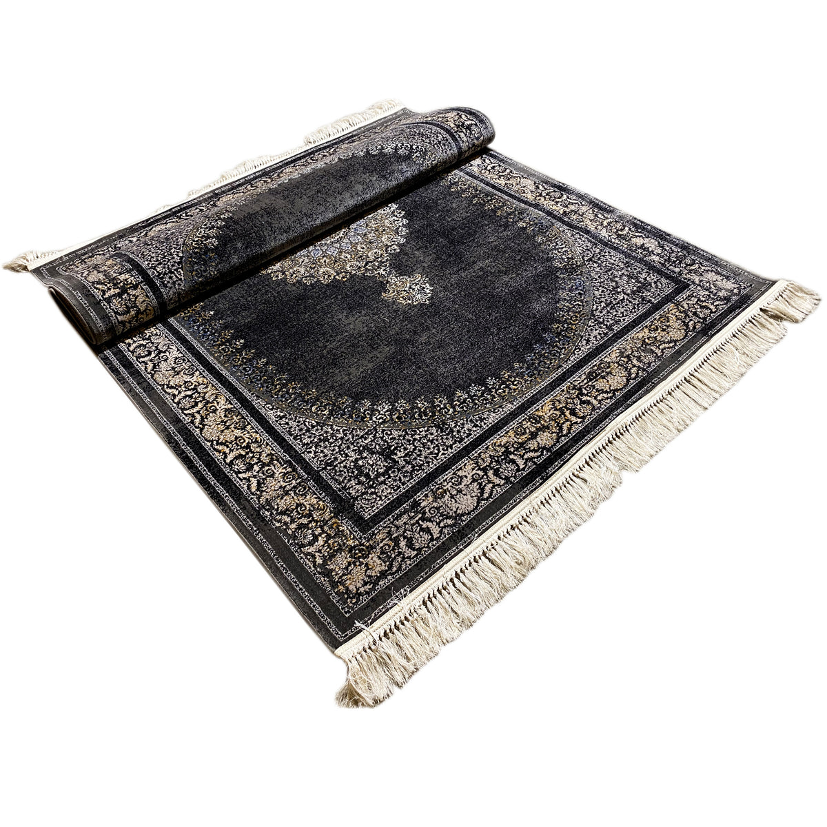 Dark gray medallion rug with vintage ornaments, rolled and fringed