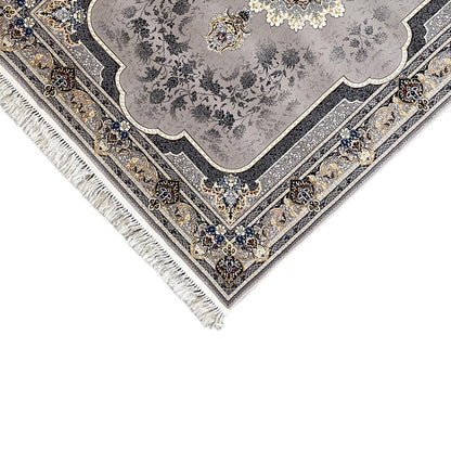 Medallion rug with a large ornamental medallion, gray-black, blue-gold, fringes