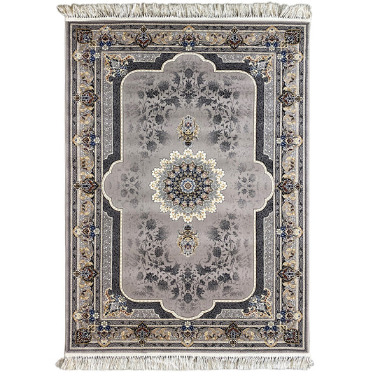 Gray medallion rug 160x230 with a medallion, Baroque ornaments, and a blue-and-gold border