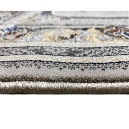 Medal carpet 160x230 close-up: short fringes and patterned pile in gray