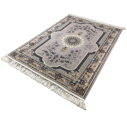 Medallion rug 160x230 at an angle: gray with medallion, baroque border, and blue-gold details