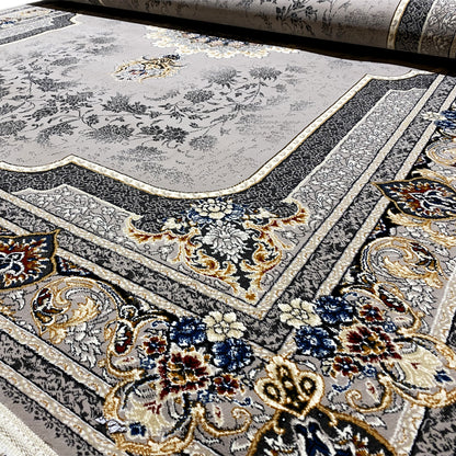 Medallion rug 160x230 Detail: Baroque border with flowers in blue, gold and gray