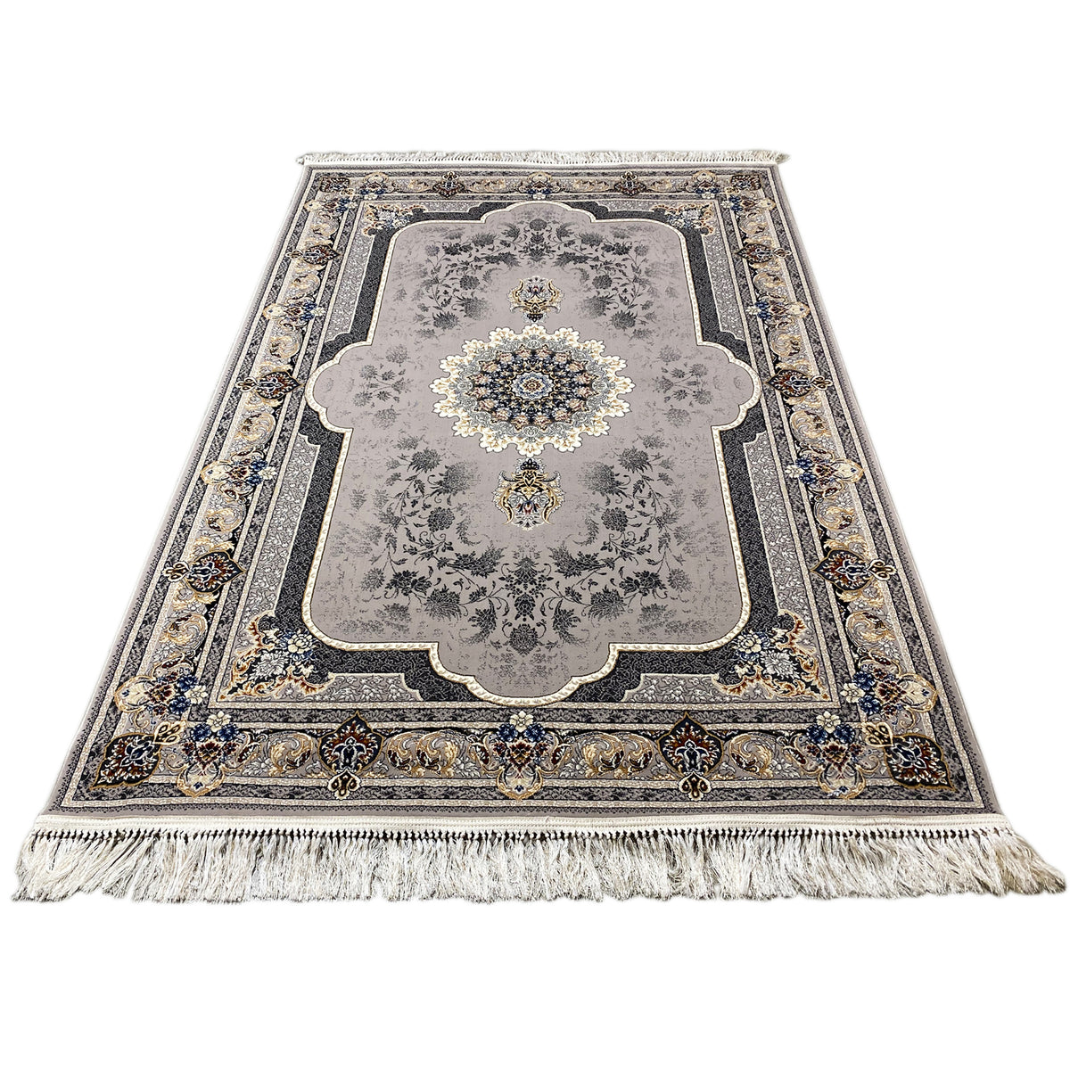 Medal rug 160x230 front view: gray with a centered medallion, Baroque border, and fringes