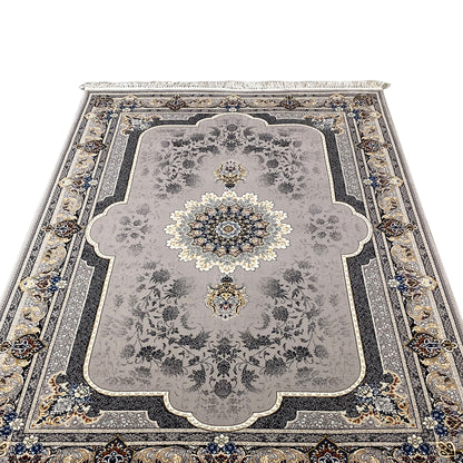 Medallion rug 160x230 gray with a centered medallion, gold accents, and a Baroque border