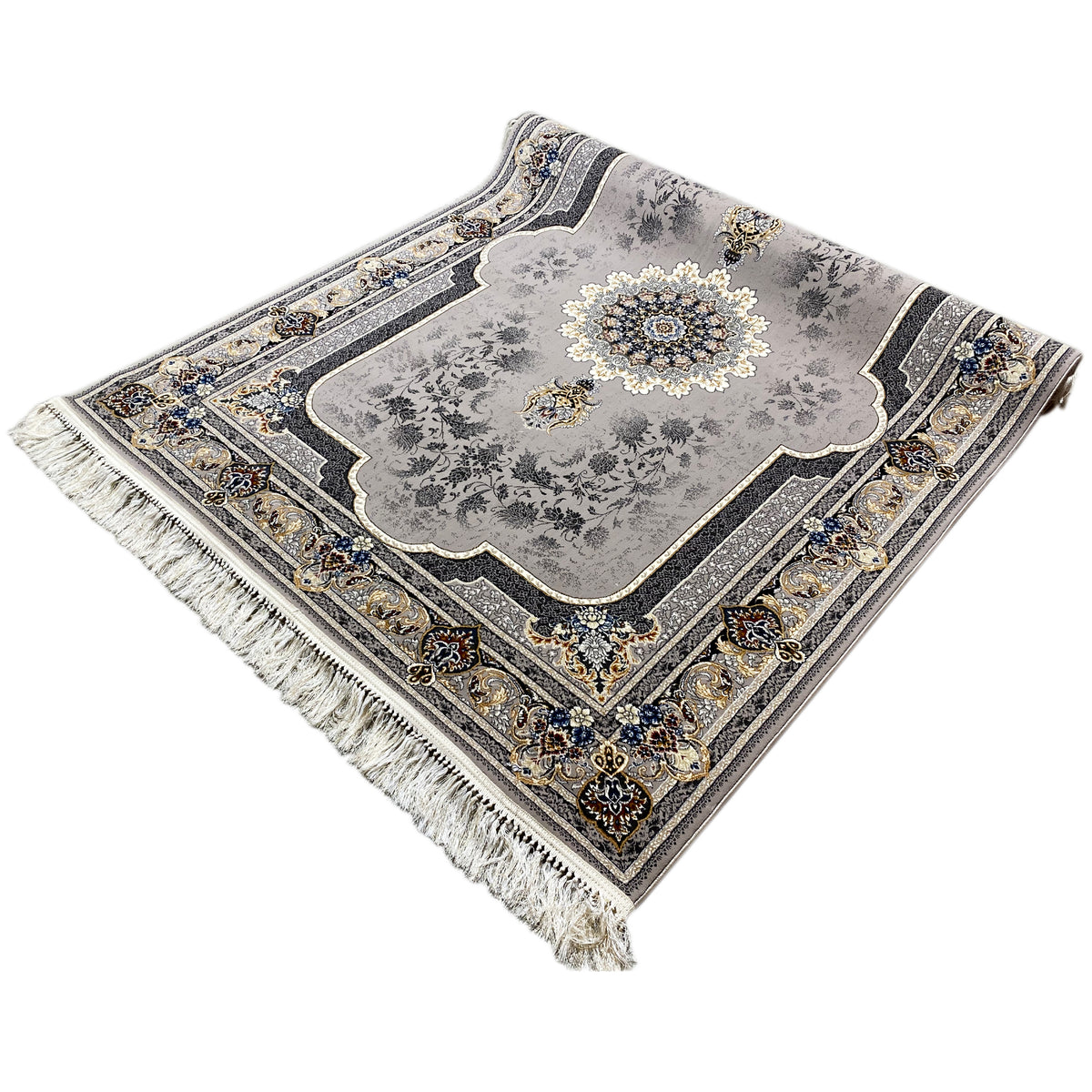Medallion rug 160x230 angled: Medallion and blue-gold ornaments with fringes