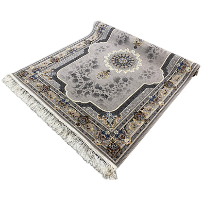 Medallion rug 160x230 angled: Medallion and blue-gold ornaments with fringes