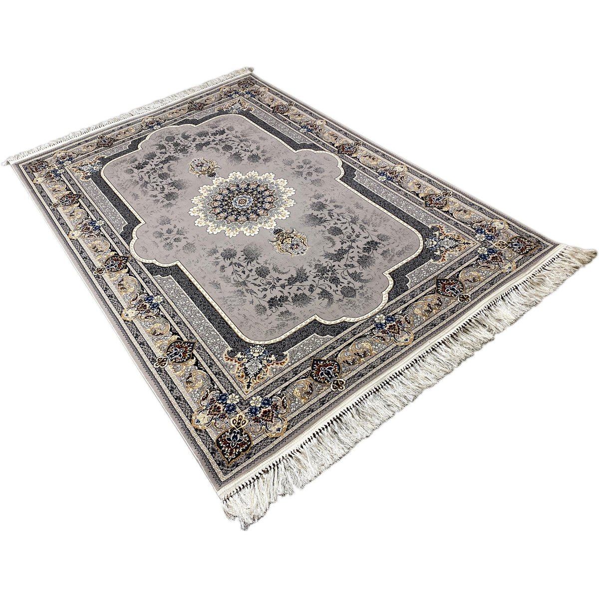 Medallion rug 160x230 blue-gold border: gray with medallion pattern and fringe
