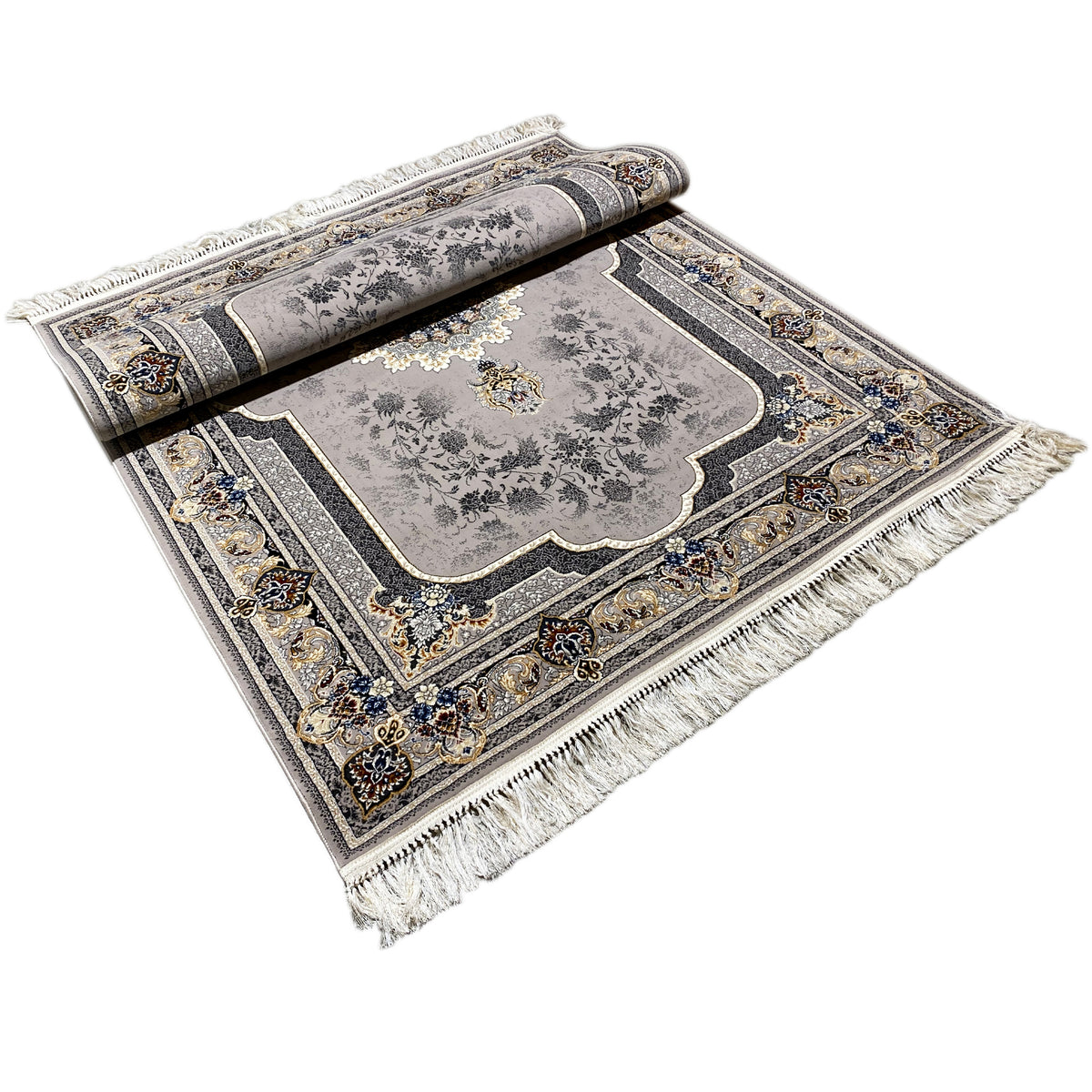 Medallion rug 160x230 with baroque ornament, gray-black, fringe and border