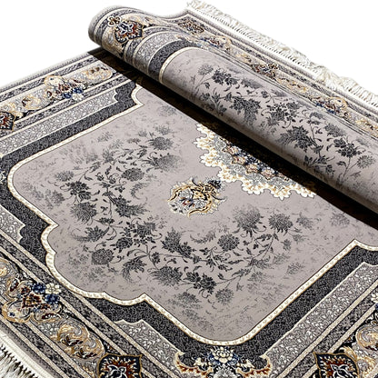 Medallion rug with floral medallion area, gray, blue-and-gold borders, fringes