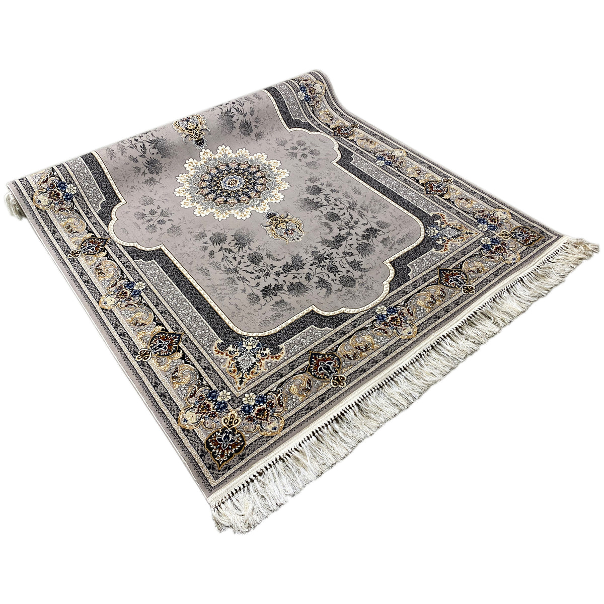 Medallion rug with a central medallion and all-over pattern, gray, fringes