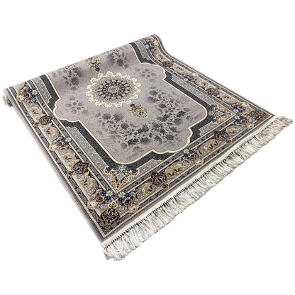 Medallion rug with a central medallion and all-over pattern, gray, fringes