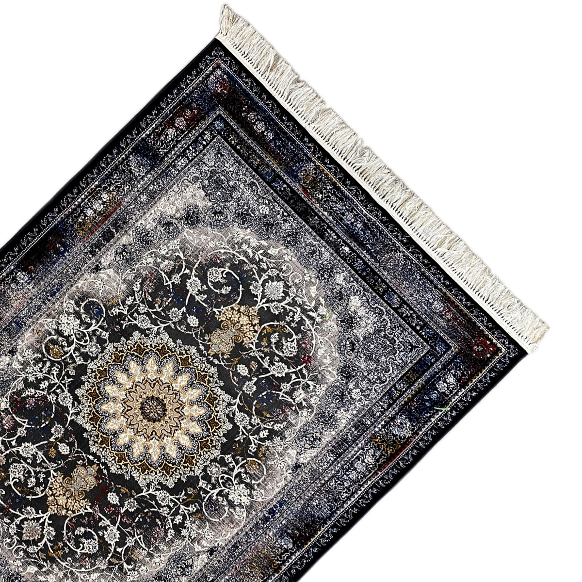 Persian rug close-up: silver ornamental field, dark blue linear border, and cream fringe