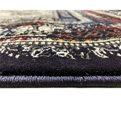 Persian rug detail: dark pile with fine patterns in white, gray, and colorful accents