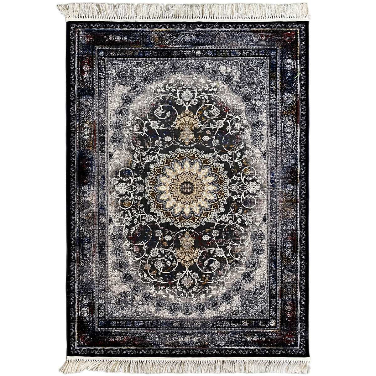 Rectangular Persian rug with an ornamental medallion pattern in dark blue and gray, with fringes