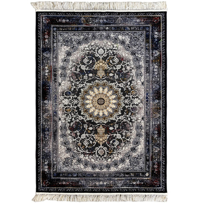 Rectangular Persian rug with an ornamental medallion pattern in dark blue and gray, with fringes
