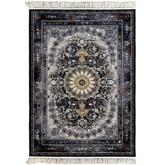 Rectangular Persian rug with an ornamental medallion pattern in dark blue and gray, with fringes