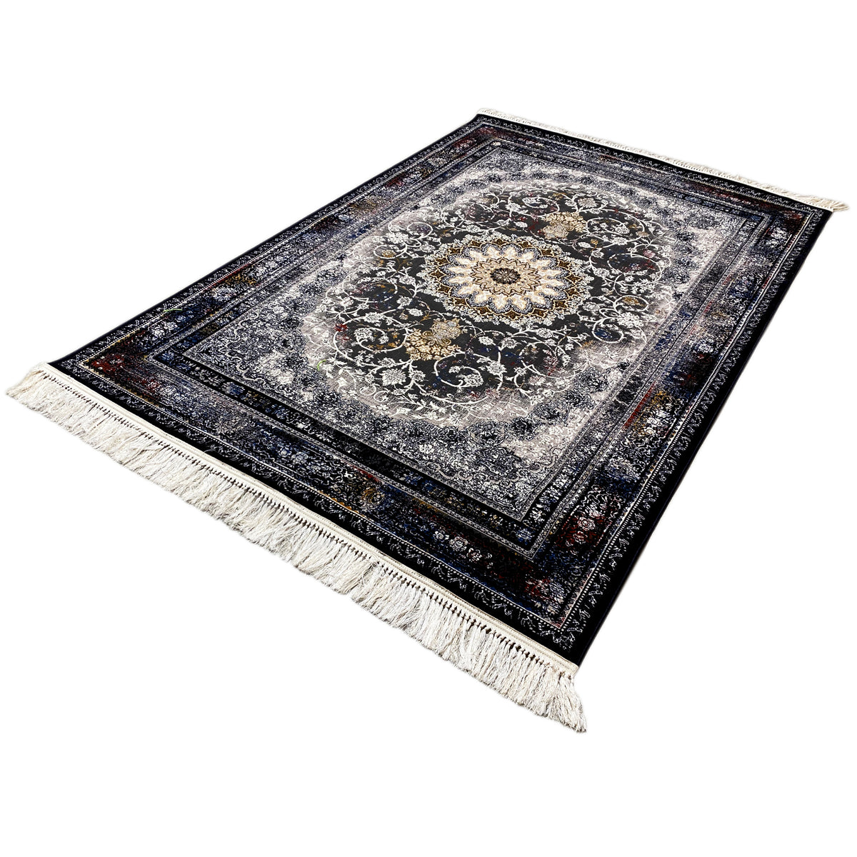 Rectangular Persian rug with an ornamental pattern in dark blue and gray, fringes at the corners