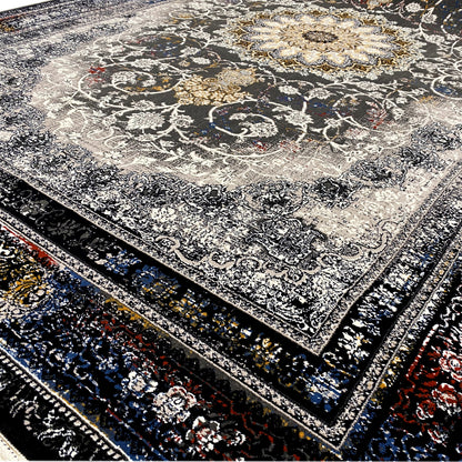 Close-up: floral ornamental band and delicate pattern on a gray-black carpet with a border
