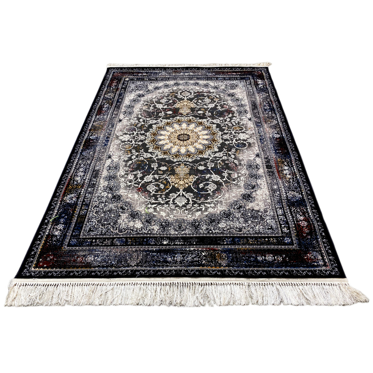 Rectangular rug with Baroque ornaments and medallion, dark blue-gray color field, fringes