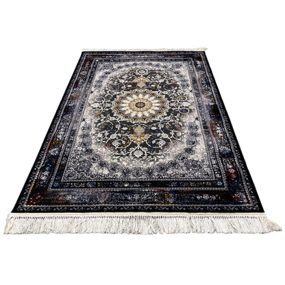 Rectangular rug with Baroque ornaments and medallion, dark blue-gray color field, fringes