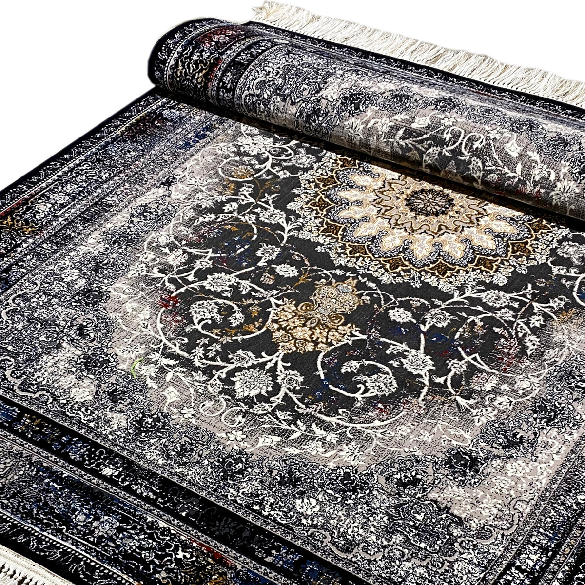 Rolled-up Persian rug with an ornamental pattern in shades of gray, gold, and dark blue