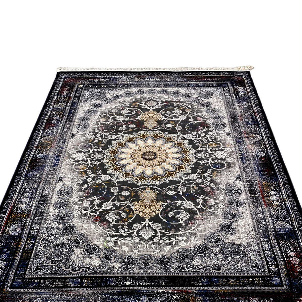 Rectangular Persian rug with a central medallion and vines, gray with a dark border