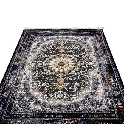 Rectangular Persian rug with a central medallion and vines, gray with a dark border