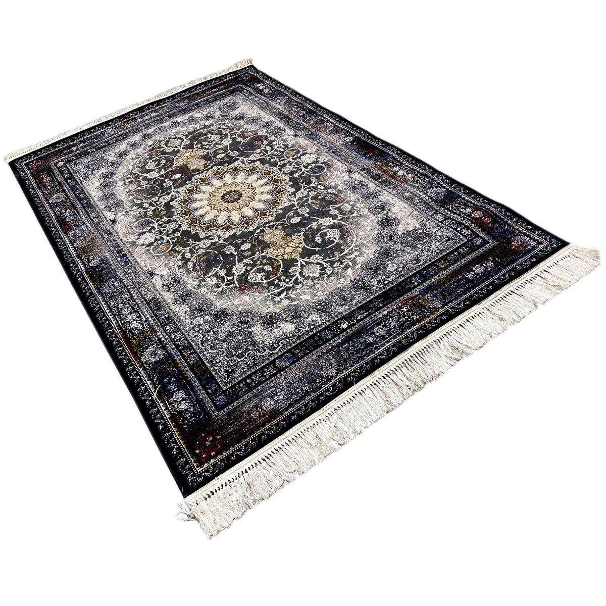 Rectangular rug with a medallion pattern in gray and dark blue, fringes on two sides