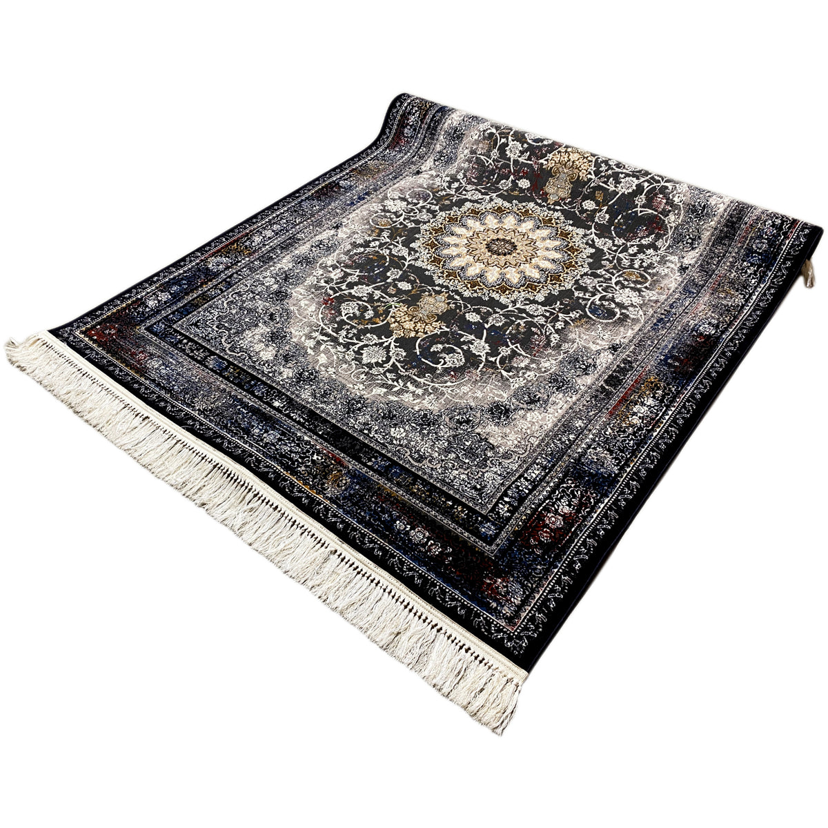 Persian rug with an ornamental and medallion pattern, dark blue-black background, fringes at the corners