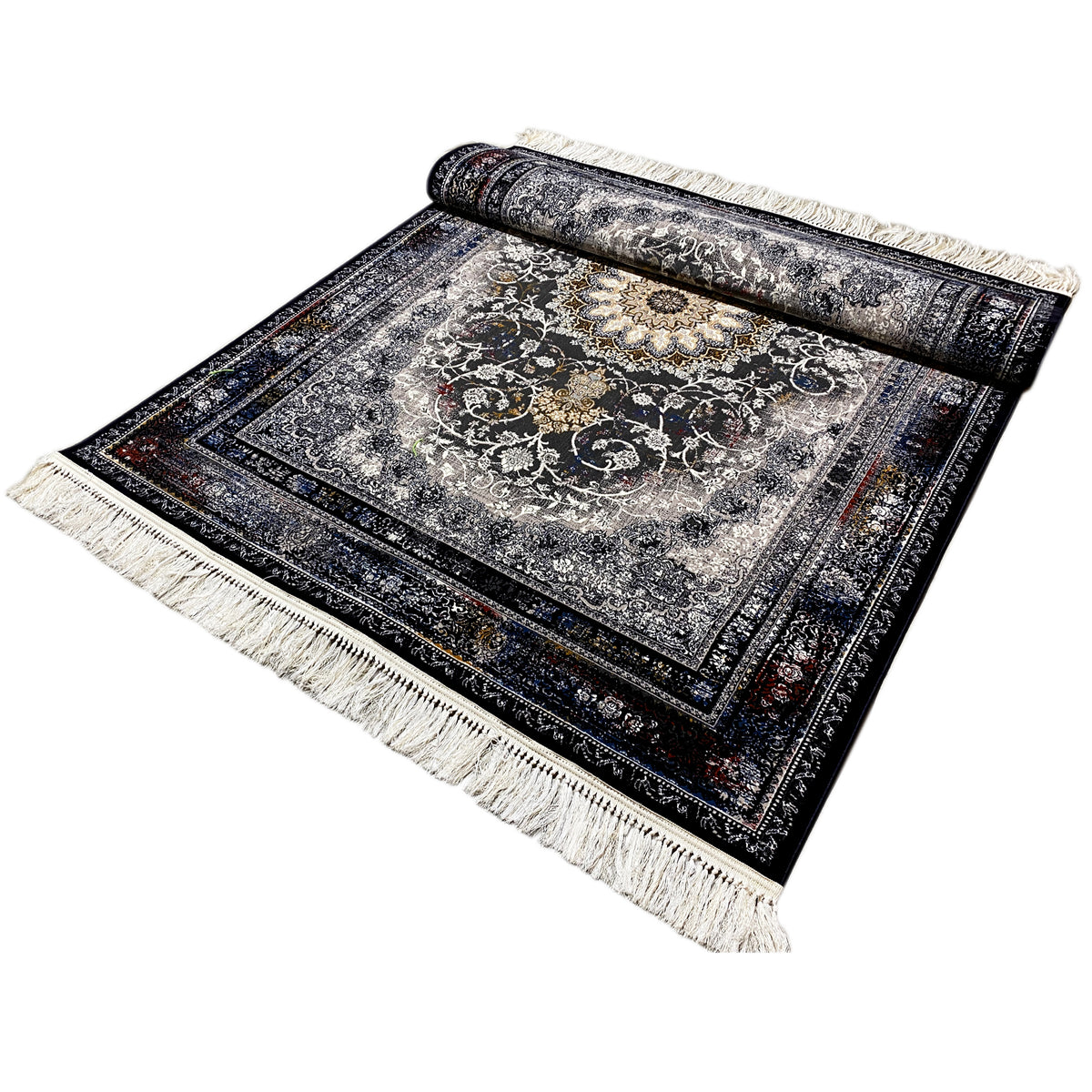 Persian rug with an ornamental pattern in dark blue/gray and cream-colored fringes, rolled edge