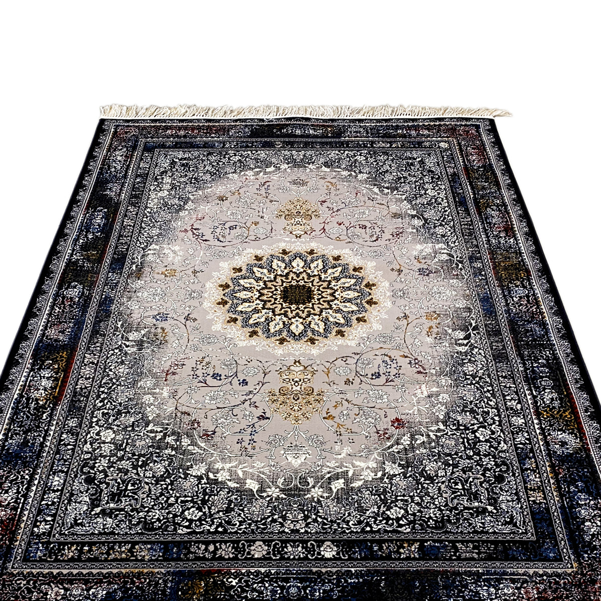 Medallion rug front view, gray-cream center, dark decorative border, fringes