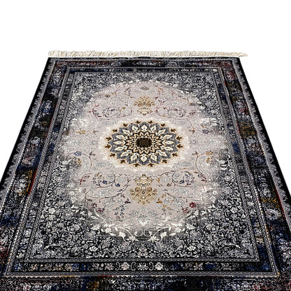 Medallion rug front view, gray-cream center, dark decorative border, fringes