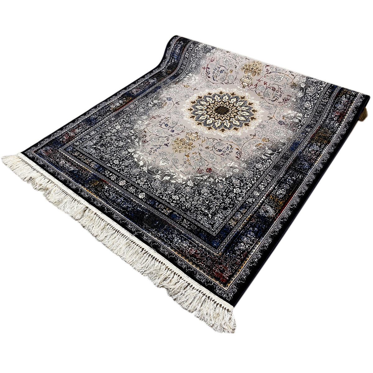 Rug with a central medallion, silvery-gray background, dark border, fringes