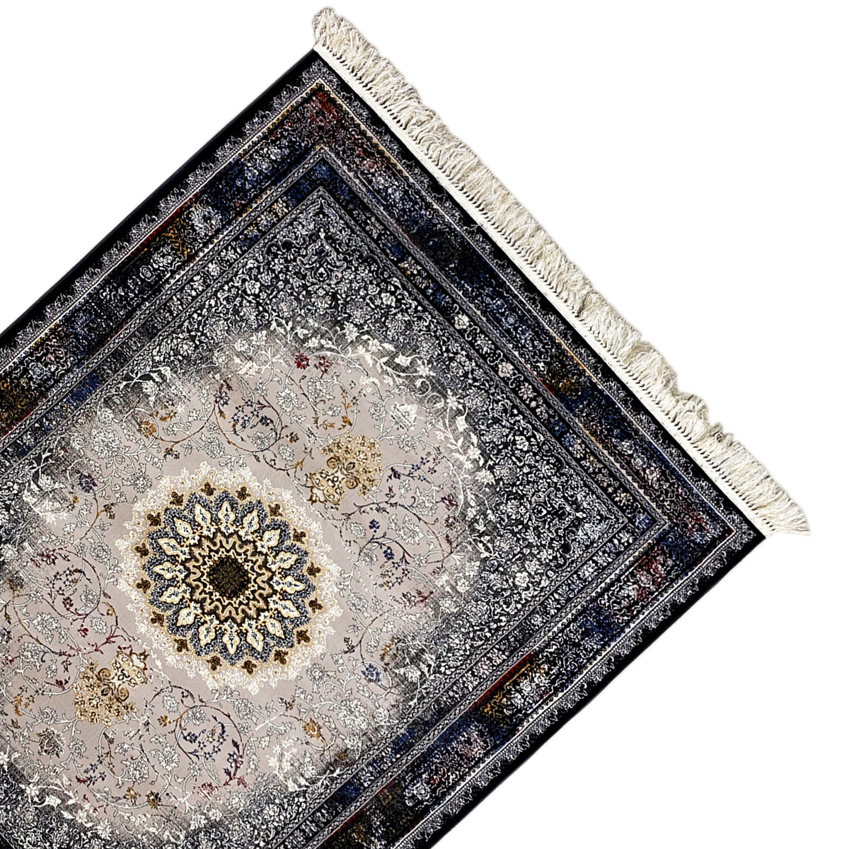 Rectangular medallion rug, close-up with ornamental border, gray-cream central motif, fringes