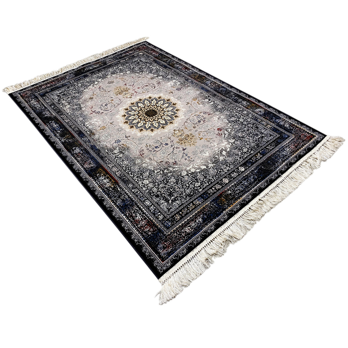 Medallion rug at an oblique angle, gray-cream center, dark blue border, fringes