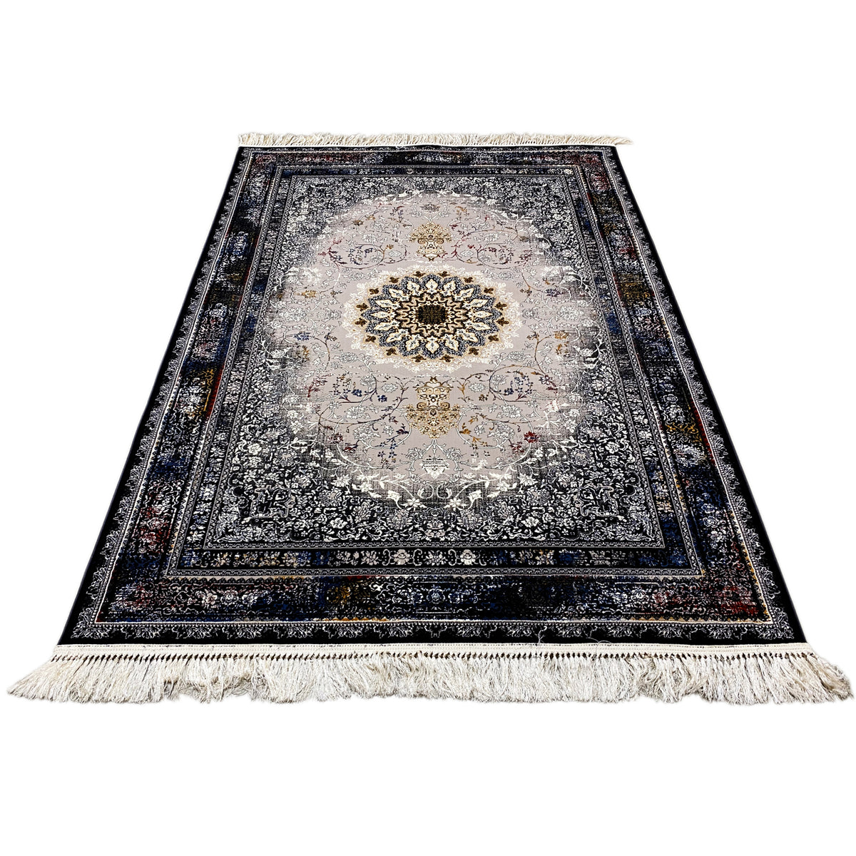 Medallion rug, central ornament within the border, gray and cream colors, dark blue edge, fringes