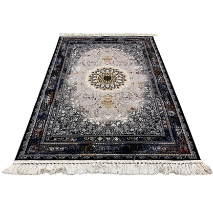 Medallion rug, central ornament within the border, gray and cream colors, dark blue edge, fringes