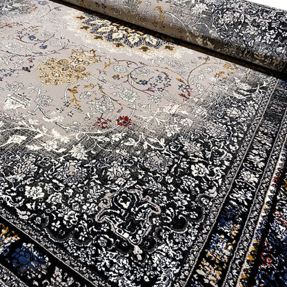 Carpet detail with medallion, black-dark blue border, beige background, fine ornaments